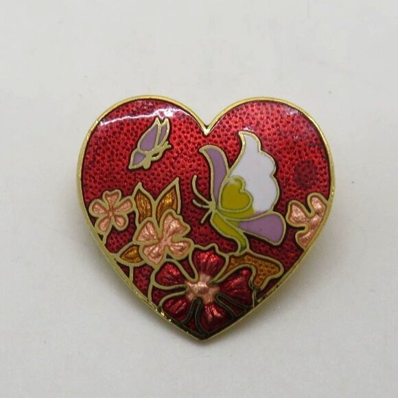 Cloisonne Brooch Heart Shaped Floral Enamel 1" Pin Butterfly Red Gold‎ Tone - Picture 2 of 8